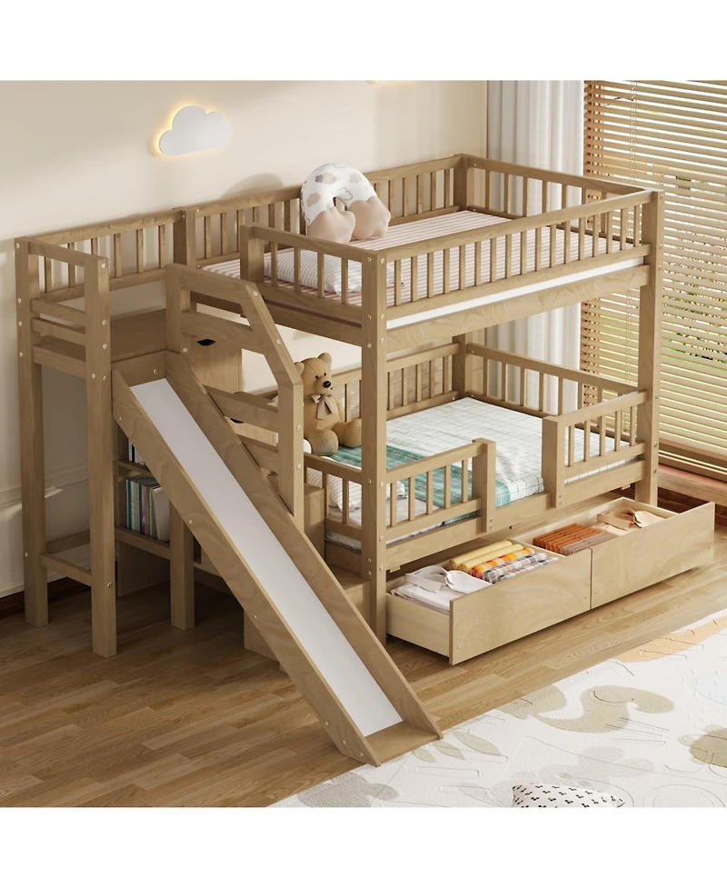 Streamdale Furniture Twin over Bunk Bed w/ Storage Stairs, Slide, 2 Drawers, Walnut