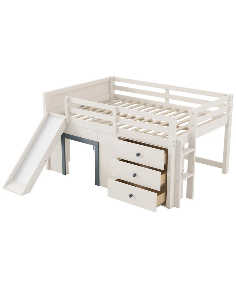 Streamdale Furniture Full Size Low Loft Bed with Slide, Storage Drawers, and Doors