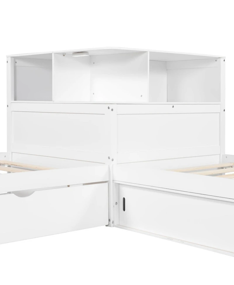 Streamdale Twin L-Shaped Platform Bed with Storage, Desk, Trundle & Led