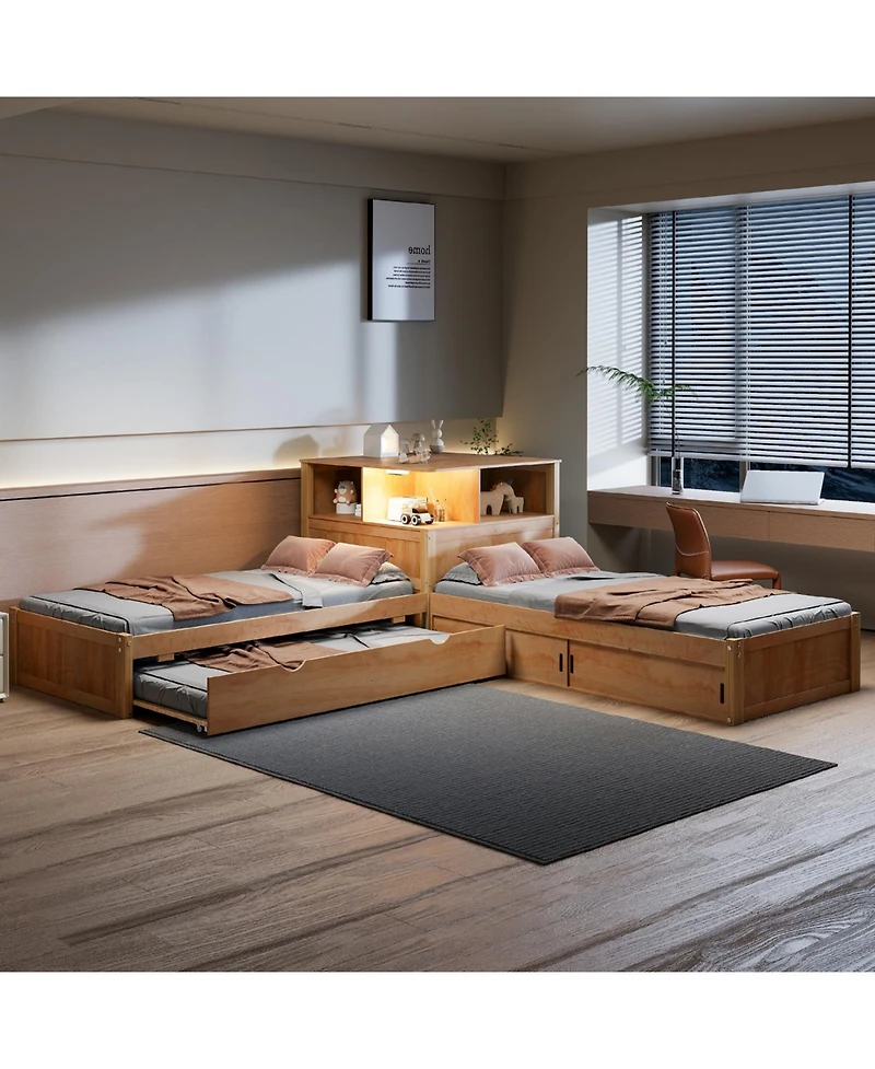 Streamdale Twin L-Shaped Platform Bed with Storage, Desk, Trundle & Led