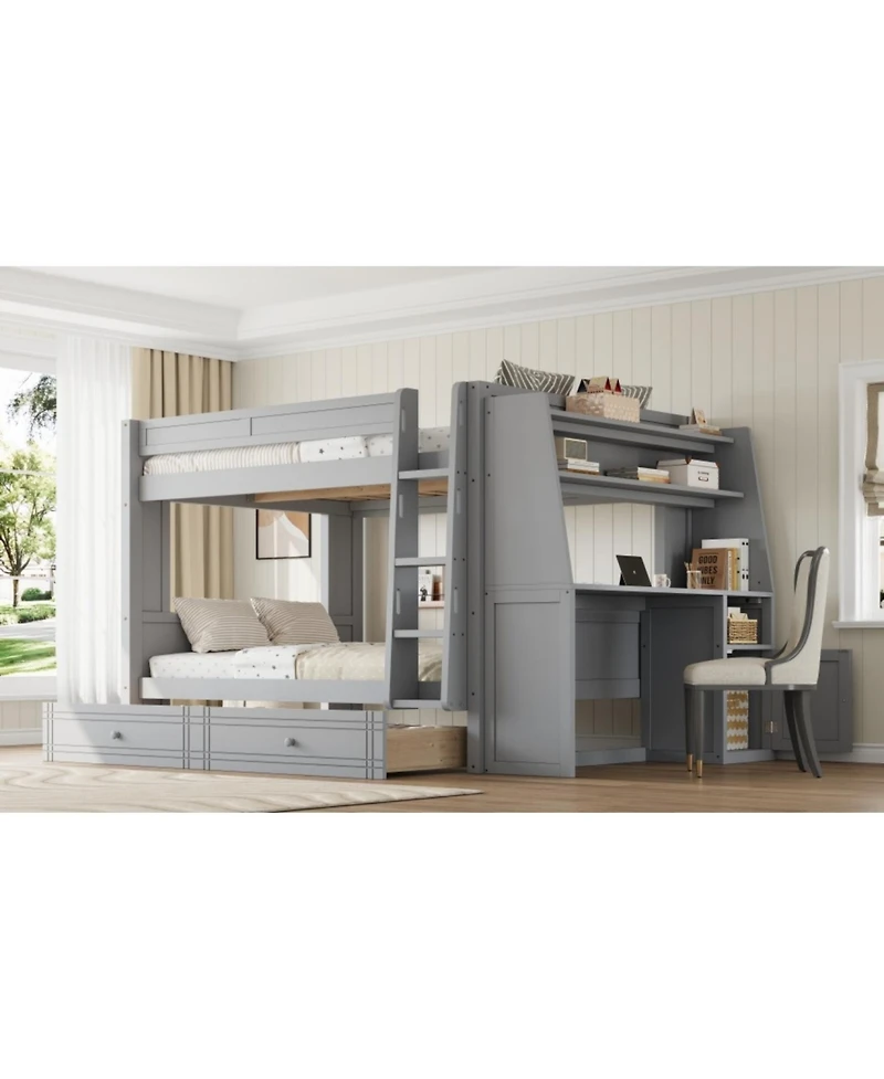 Streamdale Furniture Full Multifunctional Bunk Bed with Desk and Bookshelves, Drawers, Gray