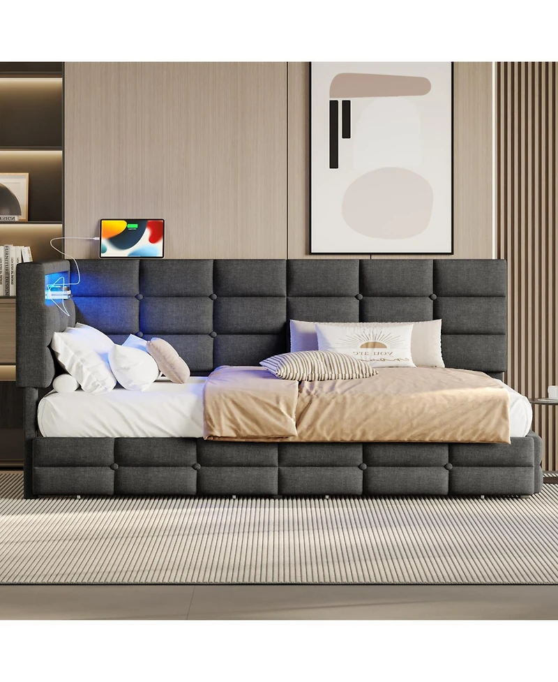 Streamdale Furniture Upholstered Twin Daybed with 2 Drawers, Led Lights & Charging, Gray