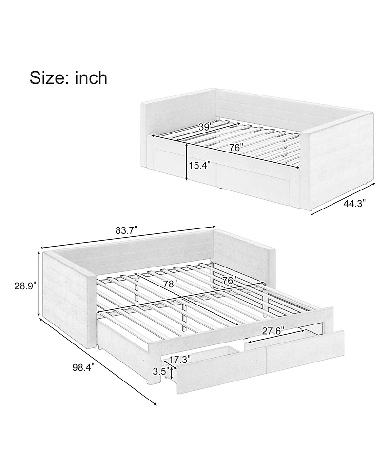 Streamdale Furniture Twin Upholstered Daybed with Trundle, Extendable to King