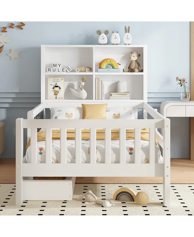 Streamdale Twin Platform Bed with Chalkboard, Storage, and Shelves, White