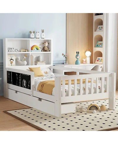 Streamdale Twin Platform Bed with Chalkboard, Storage, and Shelves, White