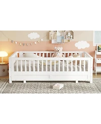 Streamdale Twin Size Platform Bed with Guardrails, Solid Wood, Convertible to Double Twin, White