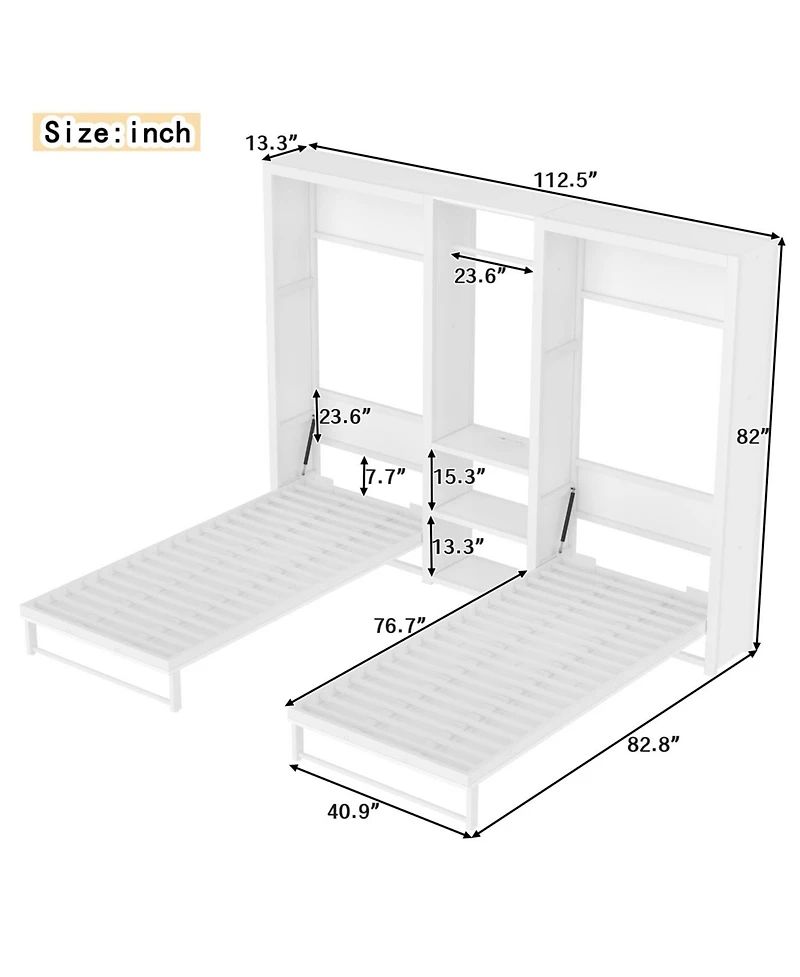 Streamdale Furniture Twin Murphy Bed with Wardrobe, Shelves & Power Outlets, White