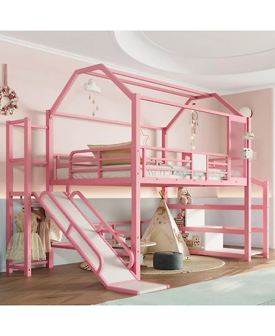 Streamdale Furniture Full House Loft Bed with Slide, Stairs, Storage, Pink