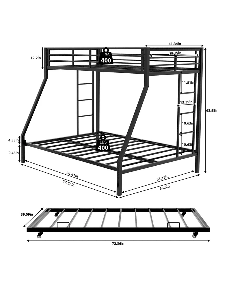Streamdale High-Stability Square Tube Bunk Bed with Ladder & Trundle - Black