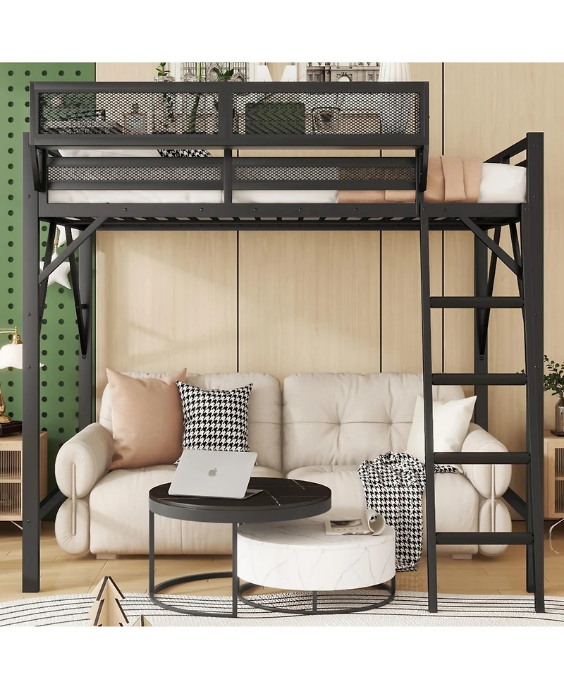 Streamdale Queen Size Metal Loft Bed with Ladder & Shelves - Black