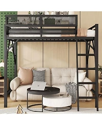Streamdale Queen Size Metal Loft Bed with Ladder & Shelves - Black