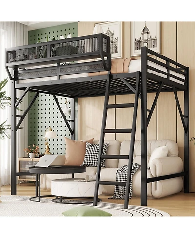 Streamdale Queen Size Metal Loft Bed with Ladder & Shelves - Black