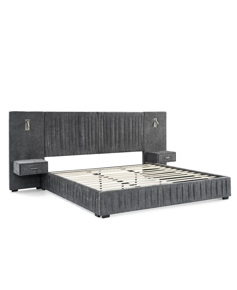 Streamdale Furniture King Size Upholstered Bed Frame with Chenille, Pleated Design, No Box Spring - Dark Grey