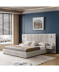 Streamdale King Size Chenille Upholstered Bed Frame with Pleated Design - Beige