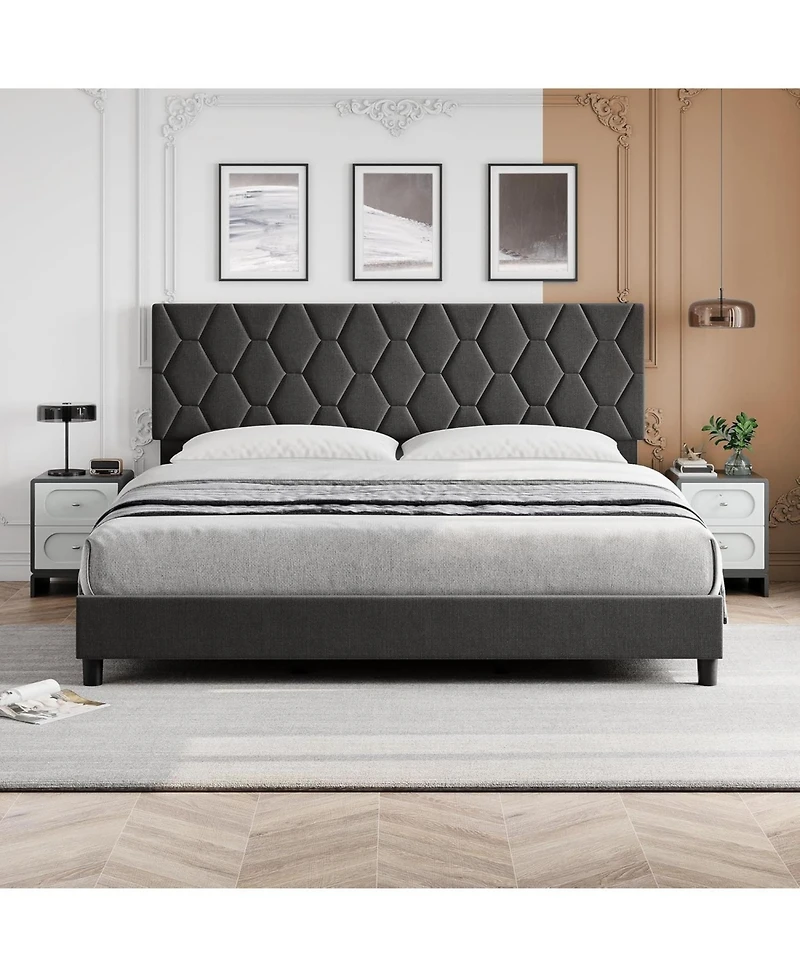 gaomon Pink King Upholstered Platform Bed, Heavy-Duty Wood Slat Support, Quiet Structure, Easy Assembly, No Box Spring Needed
