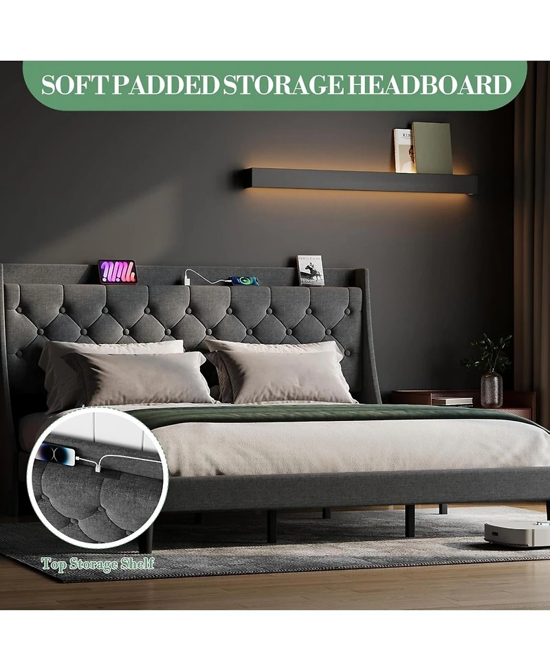 gaomon Upholstered Bed Frame with Deep Button Tufted Headboard, Wood Slats, Storage Shelf & Charging Station
