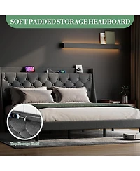 gaomon Upholstered Bed Frame with Deep Button Tufted Headboard, Wood Slats, Storage Shelf & Charging Station