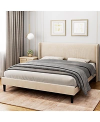 gaomon Bed Frame with Wingback Headboard – Elegant Vertical Stripe Velvet Upholstered 2 Storage Pockets