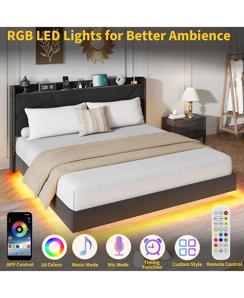 gaomon Floating Bed Frame with Led Lights & Usb Charging Station, Upholstered Platform Storage Headboard and Foldable Shelves