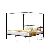 Slickblue Metal Canopy Bed with Charging Station and Four Poster Frame