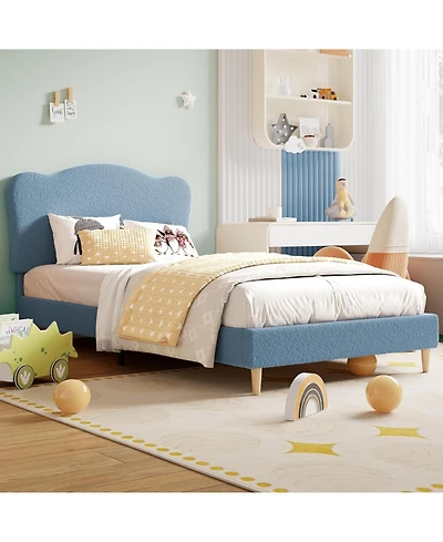 gaomon Twin Kids Velvet Bed Frame with Scallop Headboard, Sturdy Upholstered Platform Wood Slats