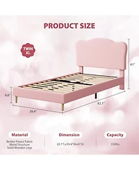 gaomon Twin Kids Velvet Bed Frame with Scallop Headboard, Sturdy Upholstered Platform Wood Slats