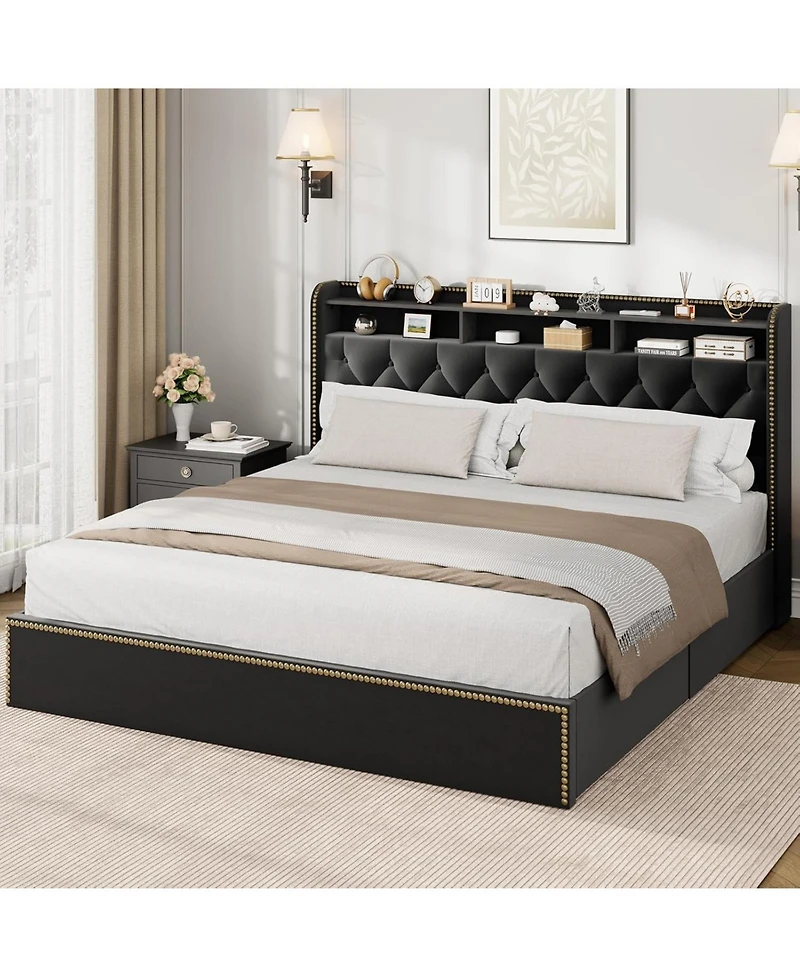 gaomon Velvet King Size Bed Frame with 4 Storage Drawers, Tufted Headboard, Nailhead Trim – Platform Bed