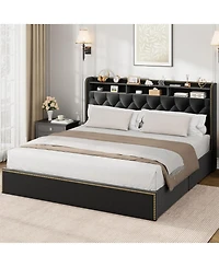 gaomon Velvet King Size Bed Frame with 4 Storage Drawers, Tufted Headboard, Nailhead Trim – Platform Bed