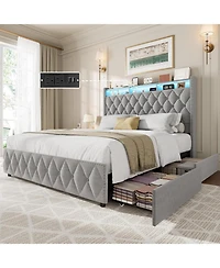 gaomon Queen Size Velvet Bed Frame with 51" Tall Headboard, 4 Storage Drawers, Usb, Led Lights, Grey
