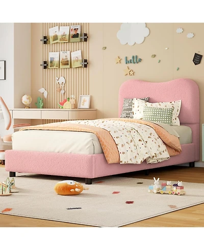 gaomon Twin Size Pink Velvet Upholstered Kids Bed Frame with Headboard, Low Profile, Cozy, Sturdy Wood Slats, Easy Assembly