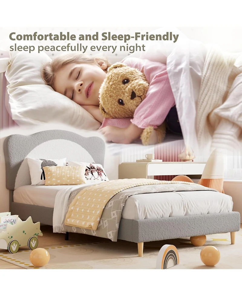 gaomon Full Size Kids Upholstered Bed Frame with Adjustable Scallop Velvet Headboard, Princess Platform