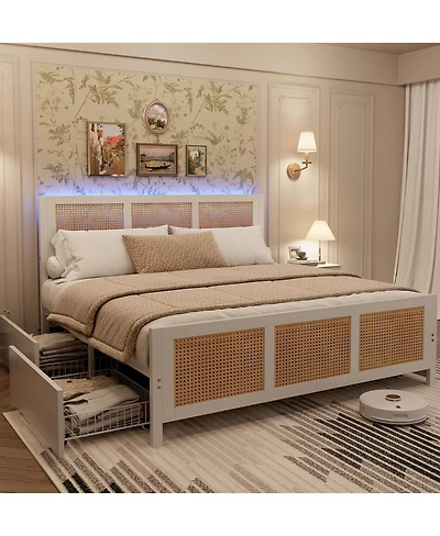 gaomon King Size Rattan Accent Storage Bed with 4 Drawers, Woven Front, Led Lights, White Mdf Frame