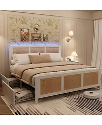 gaomon King Size Rattan Accent Storage Bed with 4 Drawers, Woven Front, Led Lights, White Mdf Frame