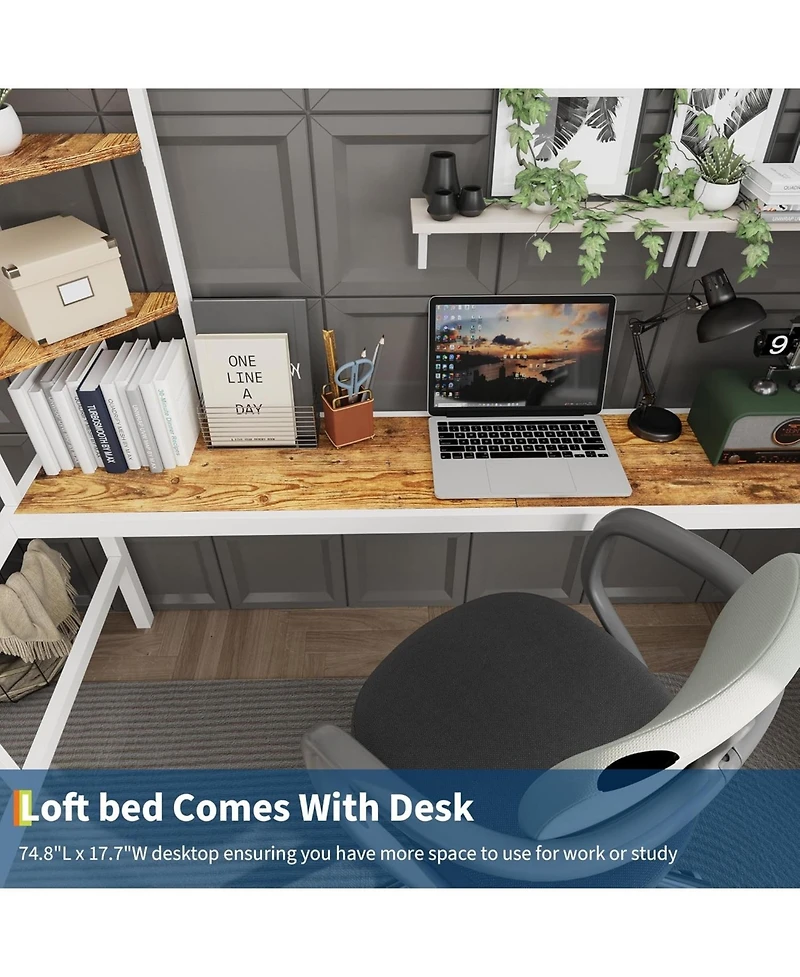 gaomon Twin Size Loft Bed with Large Desk, Storage Shelves, Metal Frame, Guardrail & Ladder, Space Saving