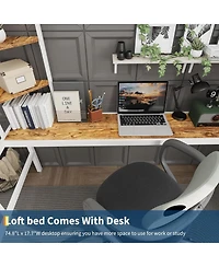 gaomon Twin Size Loft Bed with Large Desk, Storage Shelves, Metal Frame, Guardrail & Ladder, Space Saving