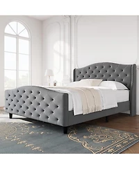 gaomon Queen Bed Velvet Frame with Wingback Headboard Nailhead Trim Sleigh Platform Wooden Slats