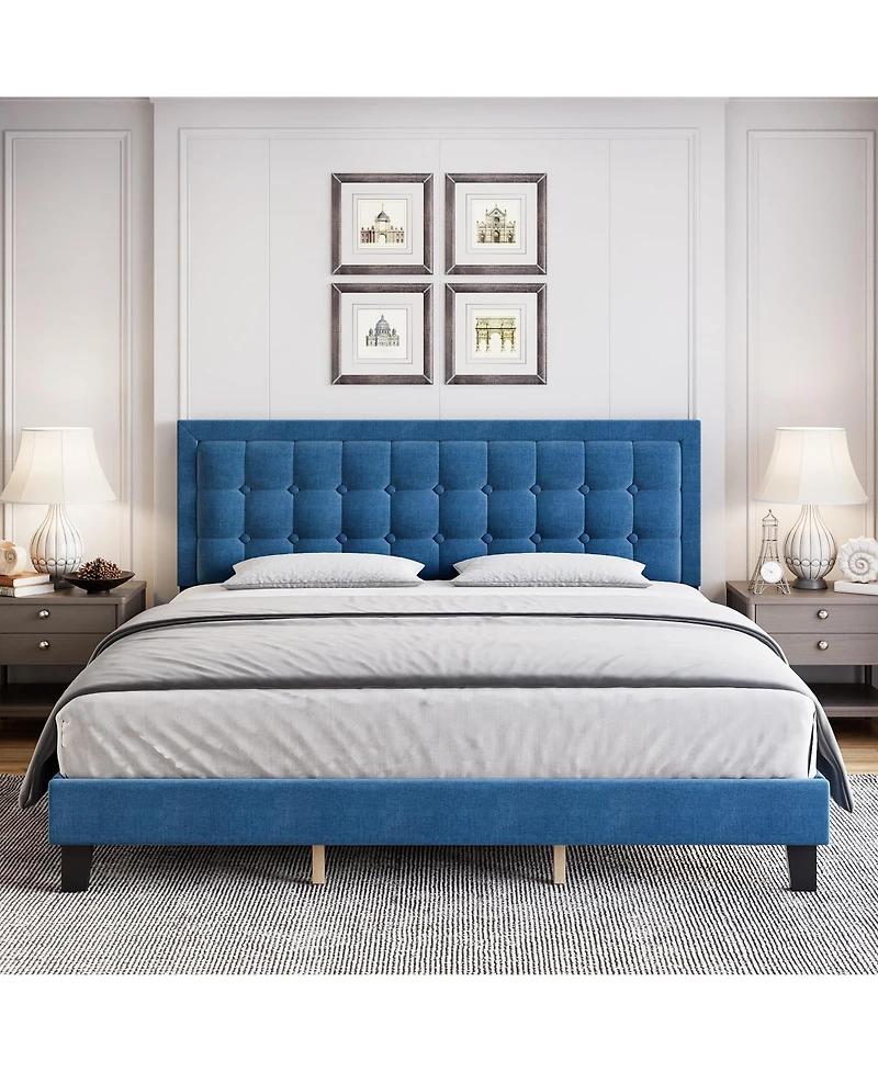 gaomon King Size Square Platform Bed Frame Blue Metal Design Wood Slat Support No Box Spring