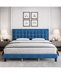 gaomon King Size Square Platform Bed Frame Blue Metal Design Wood Slat Support No Box Spring