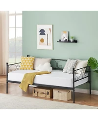 gaomon Twin Daybed with Trundle Metal Bed Floral Headboard Steel Slats Pull-Out Sofa White