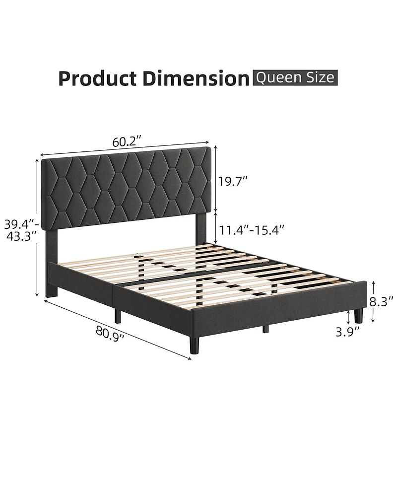 gaomon Queen Bed Frame Grey Upholstered Headboard Heavy Duty Platform Strong Wood Slats No Box Spring Noise Free