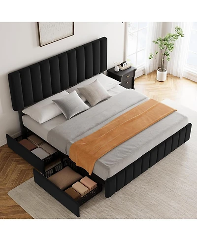 gaomon Queen 4 Storage Drawers, Adjustable Headboard, Wooden Slats, Grey Linen Upholstered Platform Bed Frame