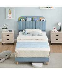 gaomon Velvet Upholstered Twin Bed Frame with Storage Headboard, Wooden Slats, Noise Free, Easy Assembly – Platform Bed for Boys