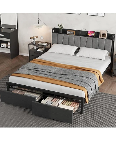 gaomon Queen Size Black Platform Bed Frame Metal+Pb Board Upholstered Two Mesh Drawers Charging Station Metal Slats No Box Spring
