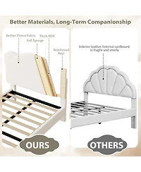 gaomon Full Size Bed Frame for Kids with Scallop Headboard, Cute Velvet Twin Bed for Girls, Boys