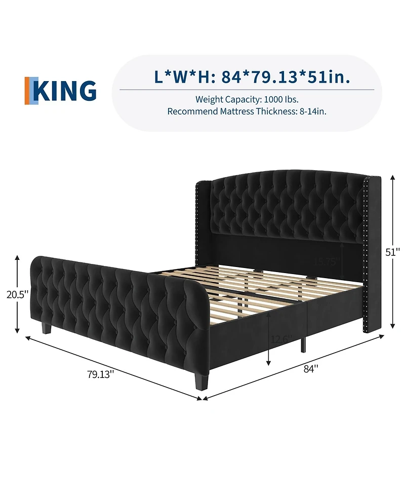 gaomon 51" Tall King Size with Deep Button Tufted Wingback Headboard and Footboard Bed Frame