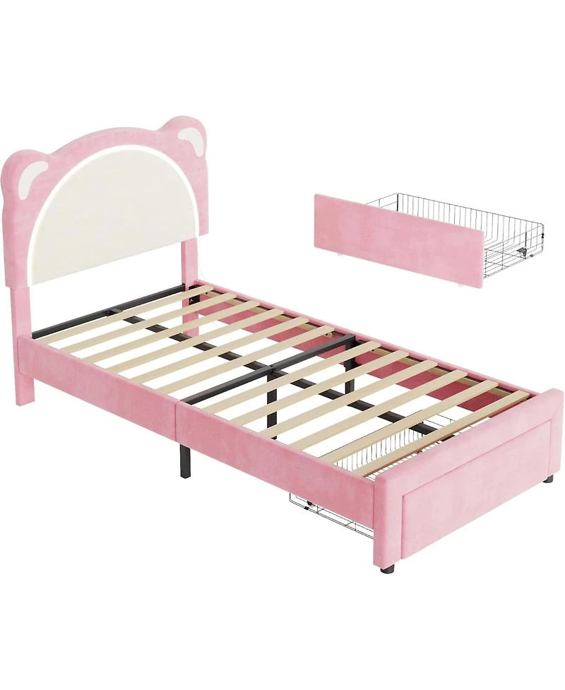 gaomon Twin Kids Bed Frame, Upholstered Platform with Adjustable Headboard, Drawer & Led