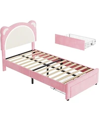 gaomon Twin Kids Bed Frame, Upholstered Platform with Adjustable Headboard, Drawer & Led