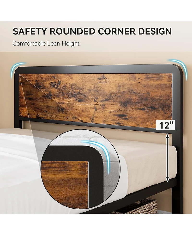 Gaomon Metal Platform Bed Frame with Rustic Wood Headboard, No Box Spring Rustic Brown