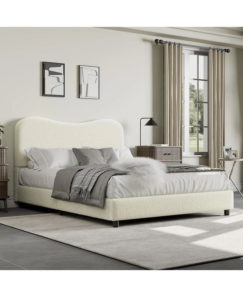 gaomon Senfot Full Boucle Platform Bed with Upholstered Headboard, Rounded Corners, Low-Profile Heavy-Duty Frame, Wood Slats