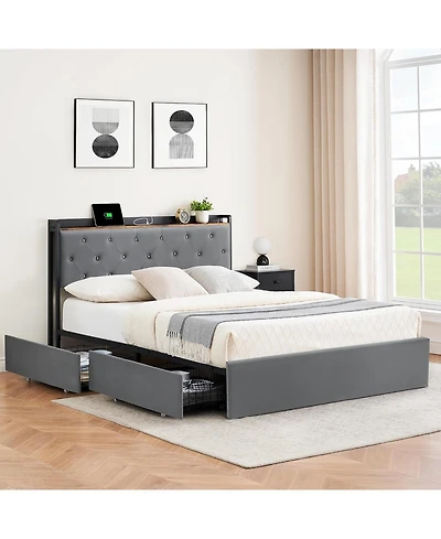 gaomon Upholstered Bed with Charging Station Headboard and 4 Drawers, Platform Mattress Foundation Wooden Slats, No Box Spring Needed